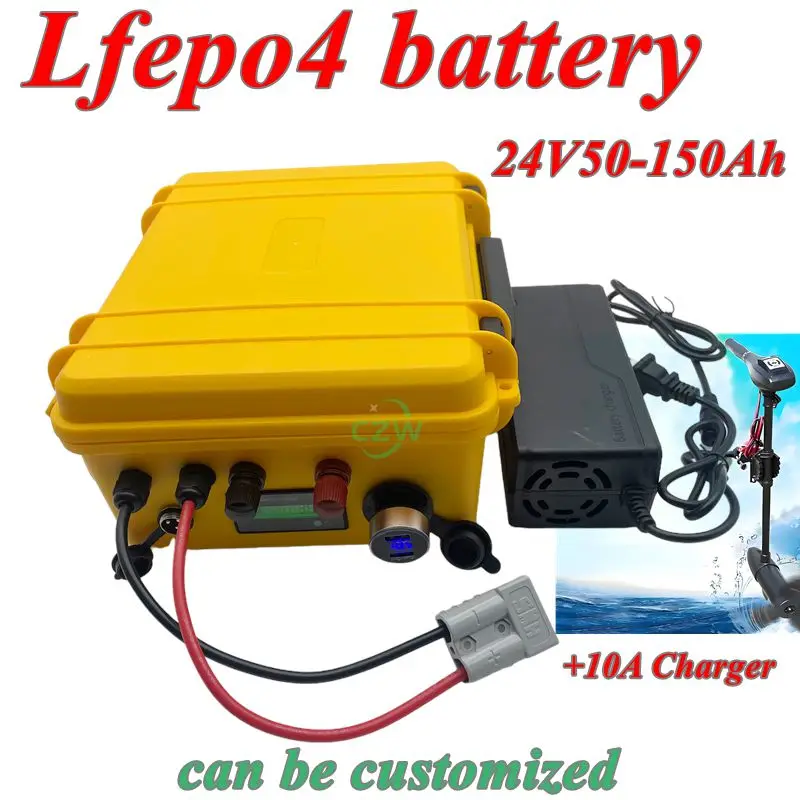 

24V 50Ah 60Ah 80Ah 100Ah 120Ah 150Ah lifepo4 battery with BMS for boat thruster solar inverter IP67 waterproof +10A charg