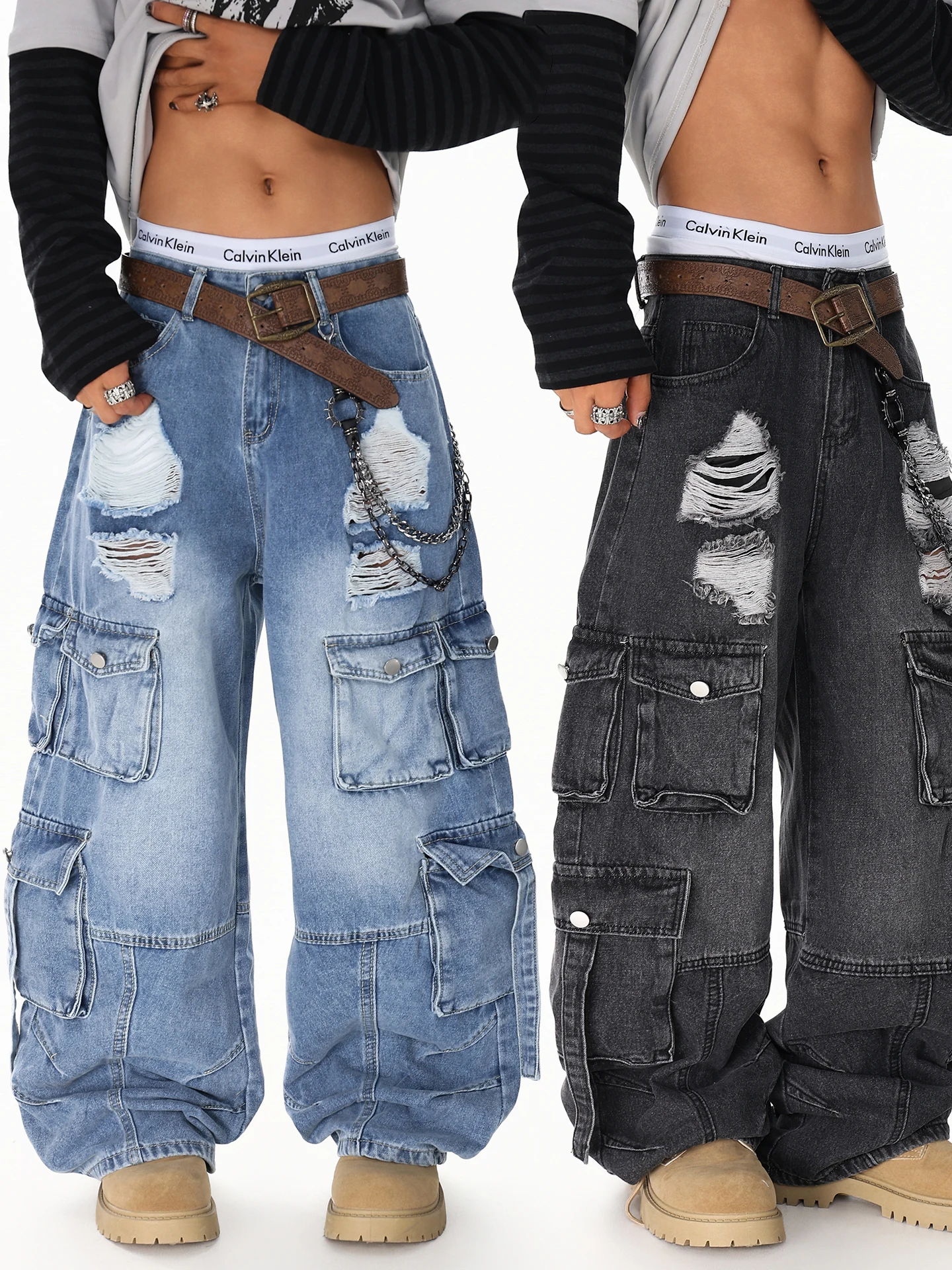 BETEBULE Men's Ripped Jeans High Waist Straight Leg Heavy Distressed Frayed Hem Casual Fashion Spring New Arrival