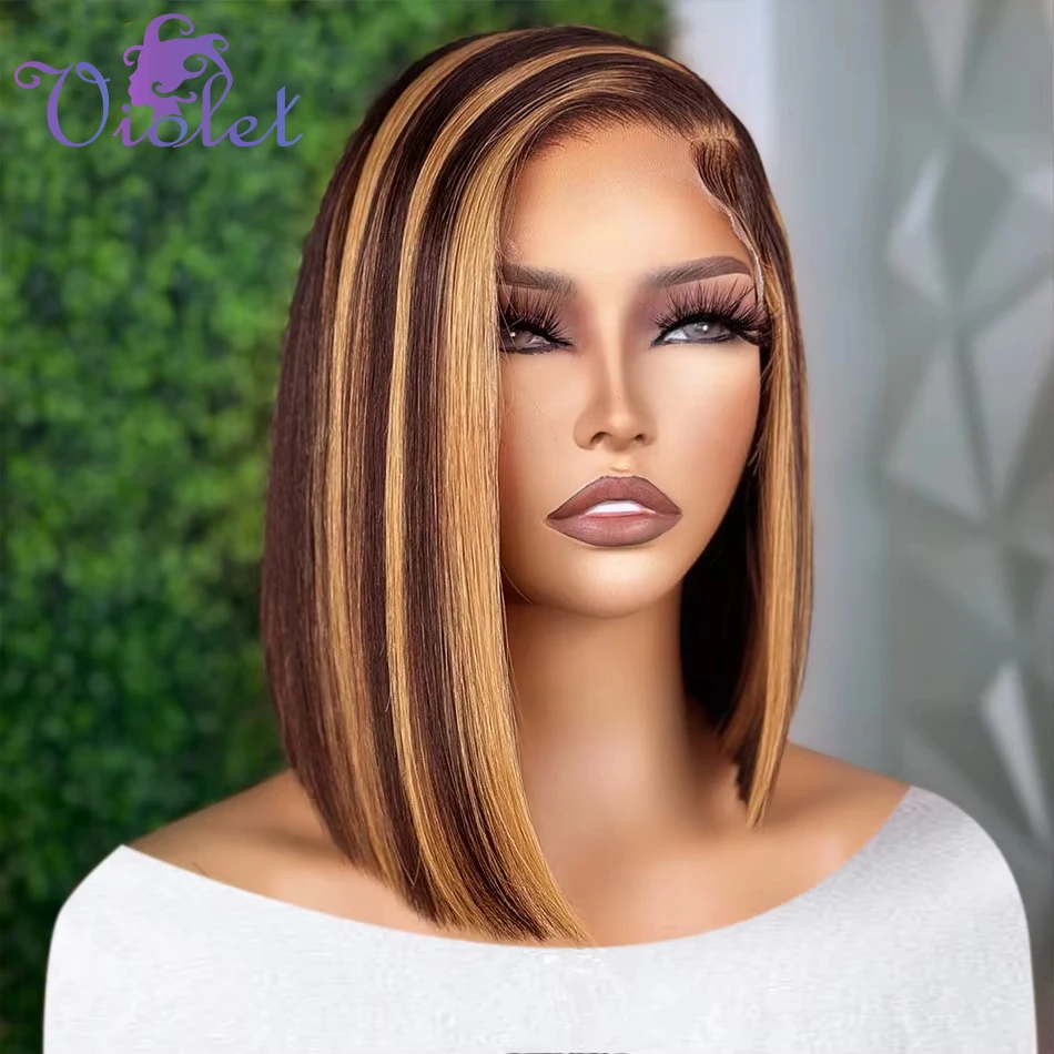 

Highlight Bob Wig Straight 13x4 Lace Front Human Hair Wigs Transparent 4/27 Lace Frontal Short Bob Wigs 180% Density For Women