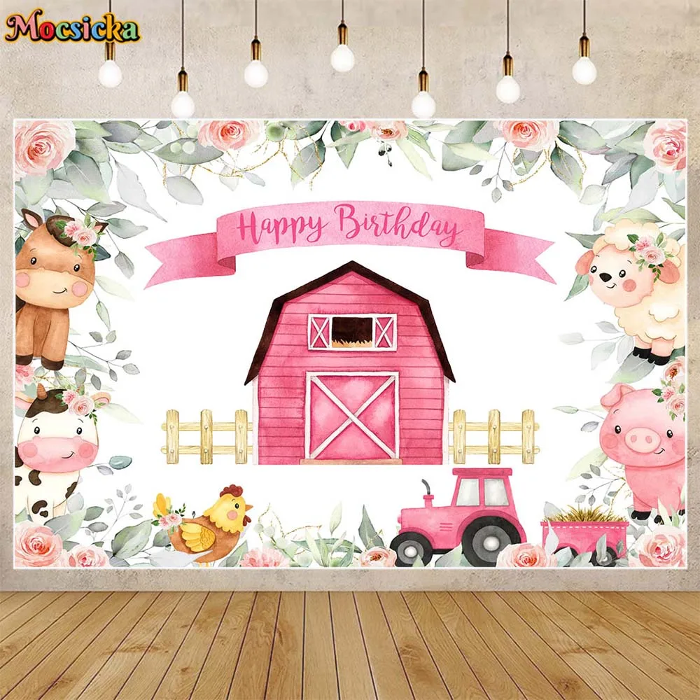 

Mocsicka Farm Baby Birthday Backdrop Pink Barn Animal Floral Girl Birthday Party Background Decoration Banner Photo Studio Props