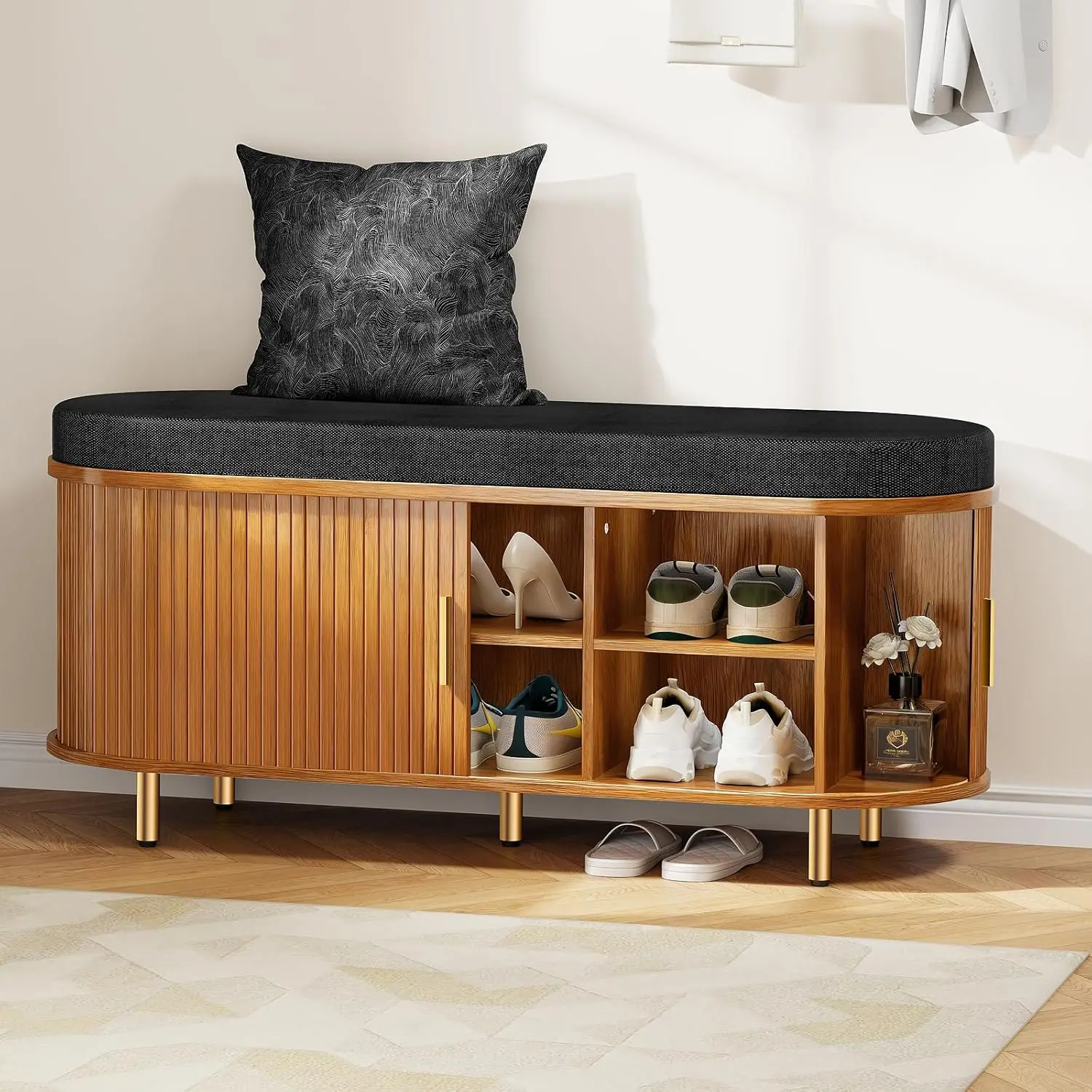 

2-уровневая скамейка для обуви, 43 дюйма, мягкое сиденье, рифленая раздвижная дверь, регулируемая полка, прихожая, гостиная, спальня, индивидуальный заказ