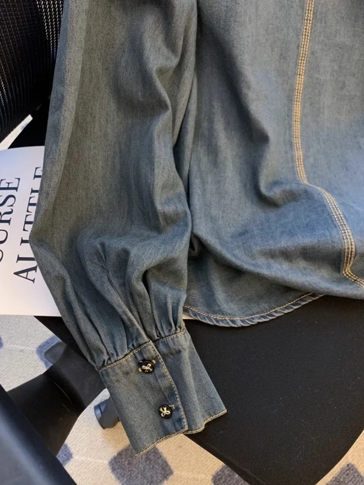 Vintage blau Jeans hemd Herbst neue akademische Stil Krawatte Bogen Polo Kragen lose lässig Top Mode gerade Hemden Frauen