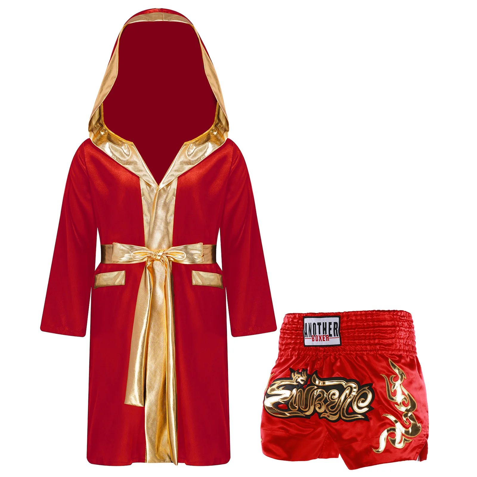 Kids Boxing Robes for Boys Martial Arts Outfit Muay Thai Metallic Trim Satin Hooded Robe with Shorts Fight Grappling Costume