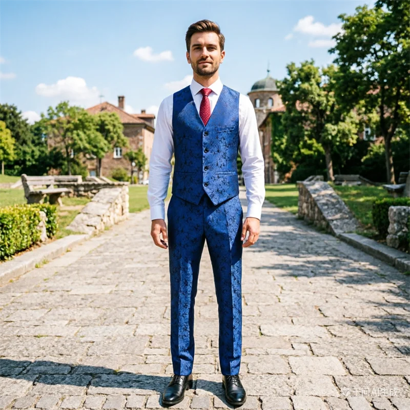 

Мужской синий жилет с V-образным вырезом без рукавов и брюки, комплект из двух предметов для свадьбы и вечеринки, белый, черный, красный, фиолетовый, европейские размеры XXXS-XXL