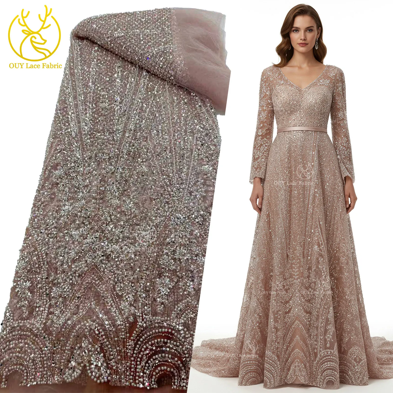 Meeresblau 2025, neuer afrikanischer handgefertigter Perlen-Pailletten-Spitzenstoff, französisch-nigerischer Tüll-Spitzenstoff, geeignet zum Nähen von Abendkleidern