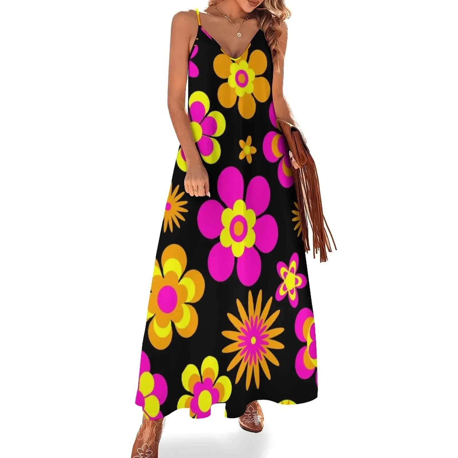 

Seventies Look Floral Pattern 3 Black Background Sleeveless Dress ladies dresses for women 2024 dresses with long sleeves Dress