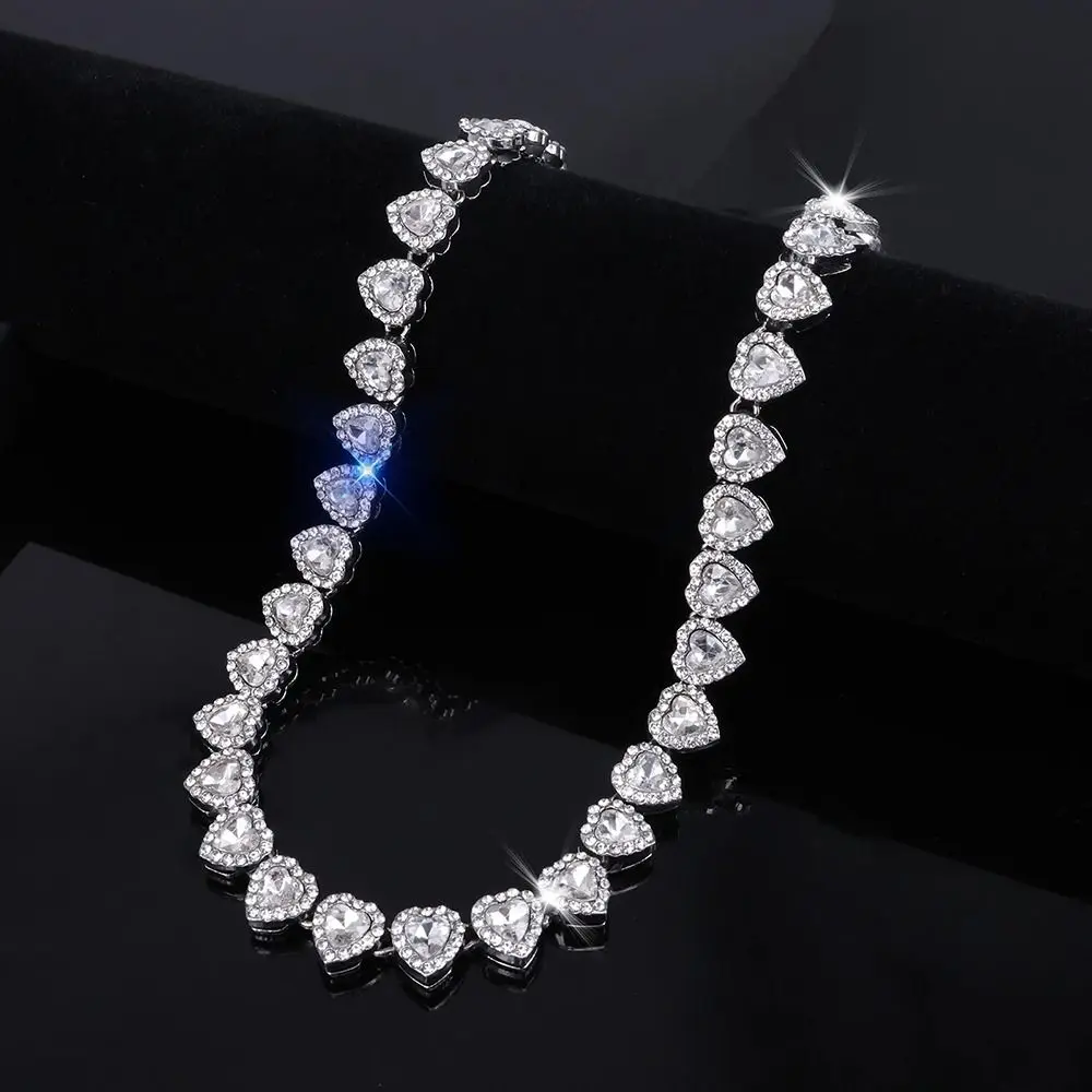 1Pcs Durable Heart-shaped Rhinestone Necklace Shiny Heart 20/45cm Chain Bracelet Alloy Fashion Rock Party Jewelry