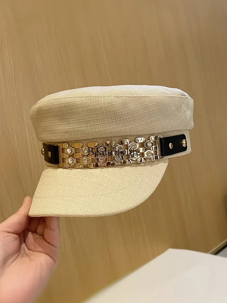 Korean version of trendy foreign style diamond buckle flat top hat British fashion face cap