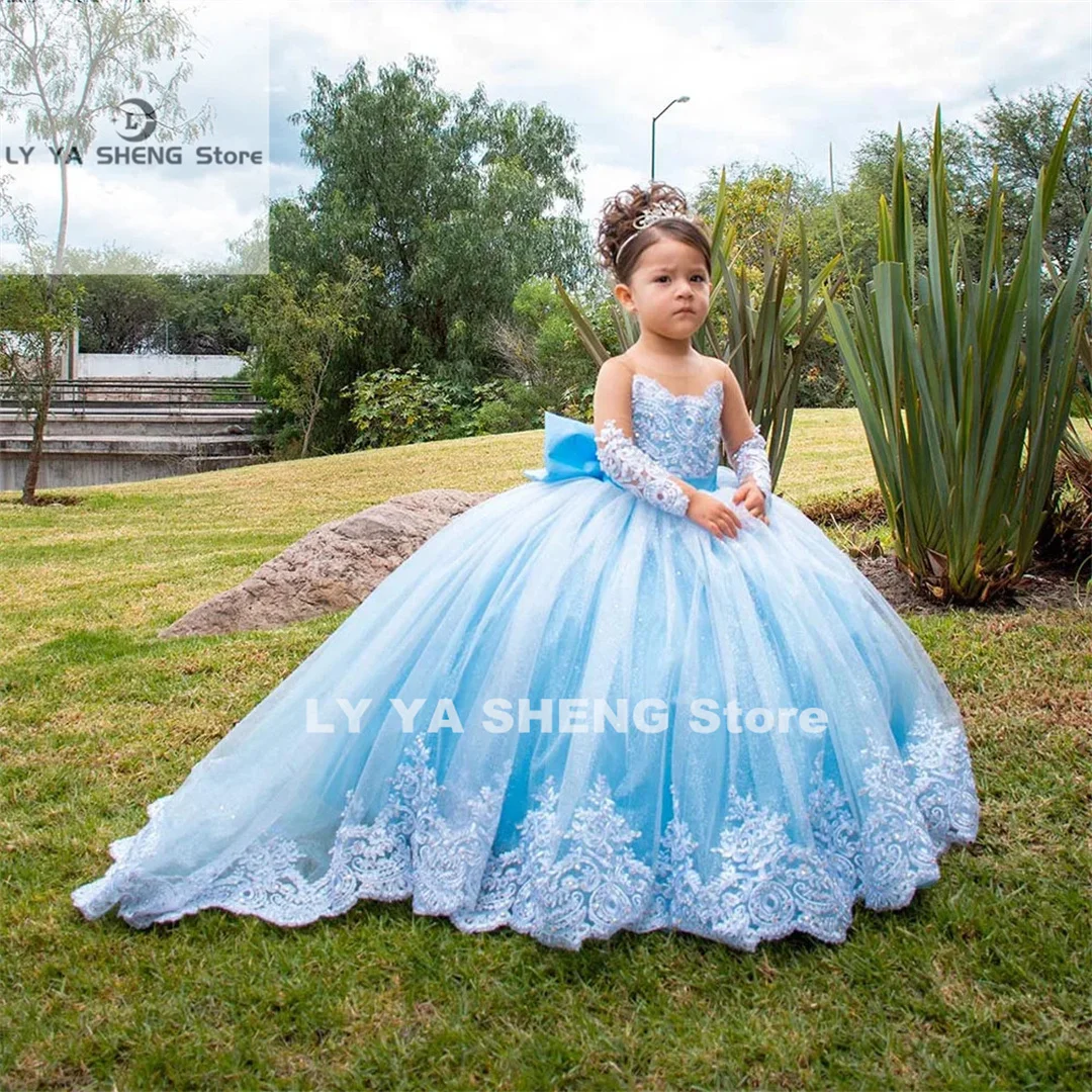 Long Sleeves Flower Girl Dresses For Weddings Toddlers Satin Bow Ball Gown Pageant Dress Sparkly 1st Communion Party Gowns