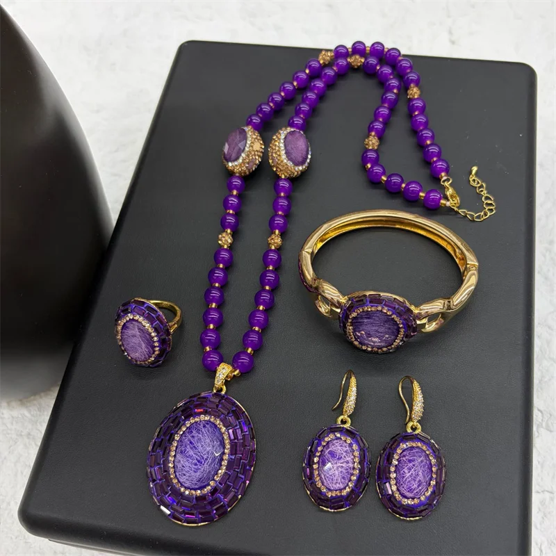 4Pcs Multi Color Oval Stone Crystal Beads Necklace Earring Bangle Ring for Women Fashion Jewellery Set African Christmas Gift
