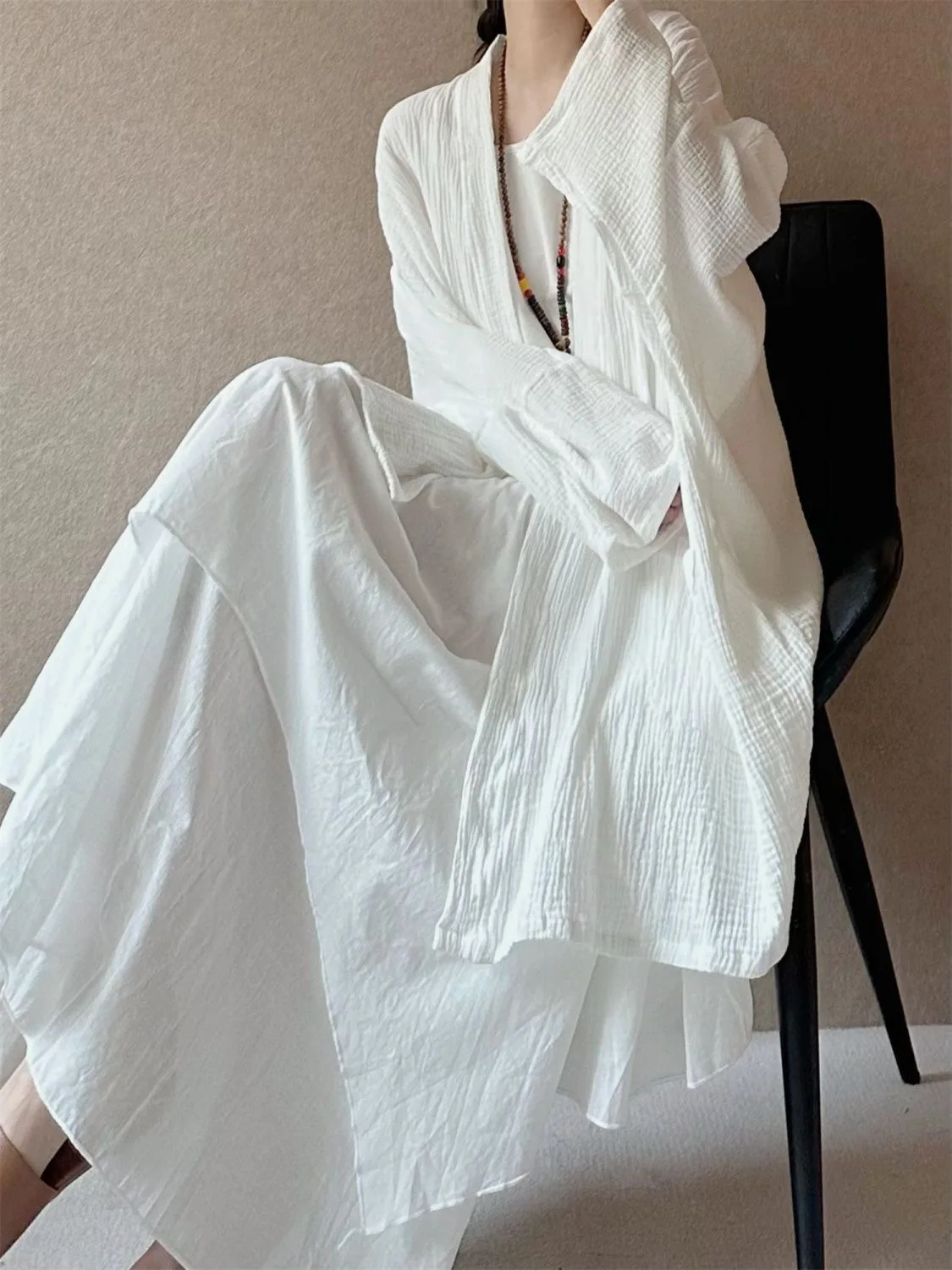 Chic Minimalist Hanfu Style Open Cardigan Loose Women's Dress Cold Tone V-Neck Long Sleeve Batwing Sleeve Summer Outerwear
