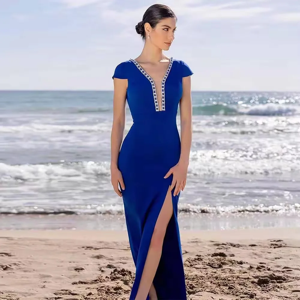 Customized Elegant Mother of the Bride Dress Sheath/Column Bridal Dress  V-neck Pearls Rhinestones Hollow Prom Dress Long