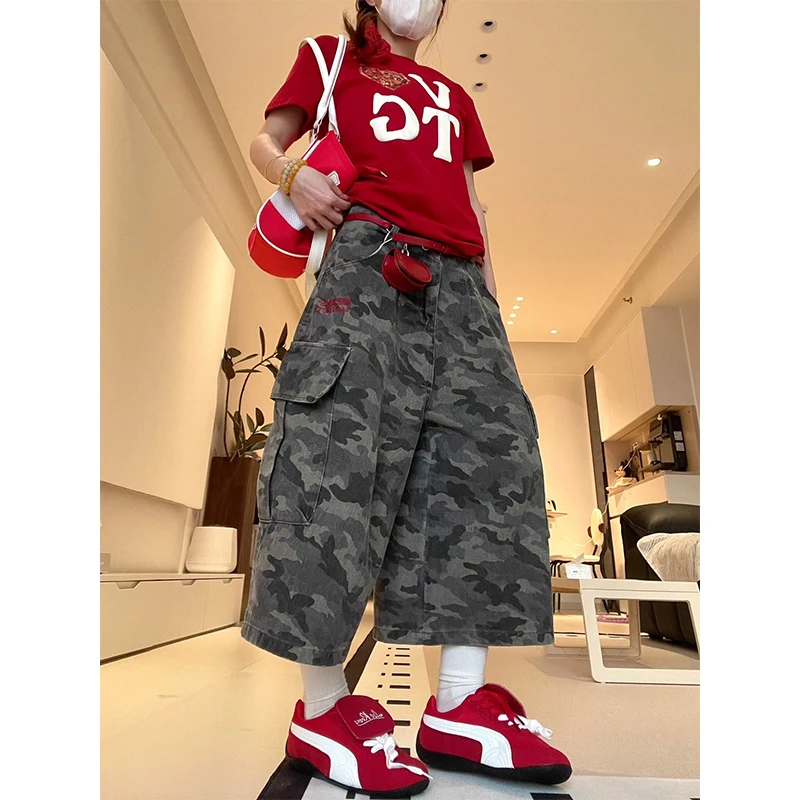 

American Summer Women's ort Pants with Large kets Camouflage Workwear Seven-Quarter Length Straight Leg Tro