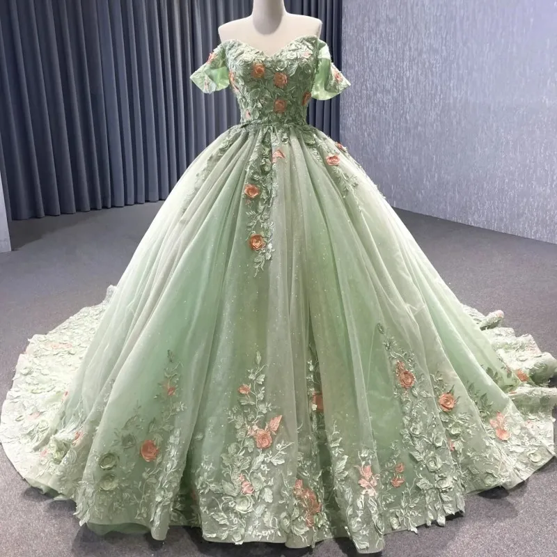 

Зеленое блестящее бальное платье шалфея, платья для Quinceanera, платья для 15 лет, искусственные 3D цветы, Золушка, 16 дней рождения, платья принцессы