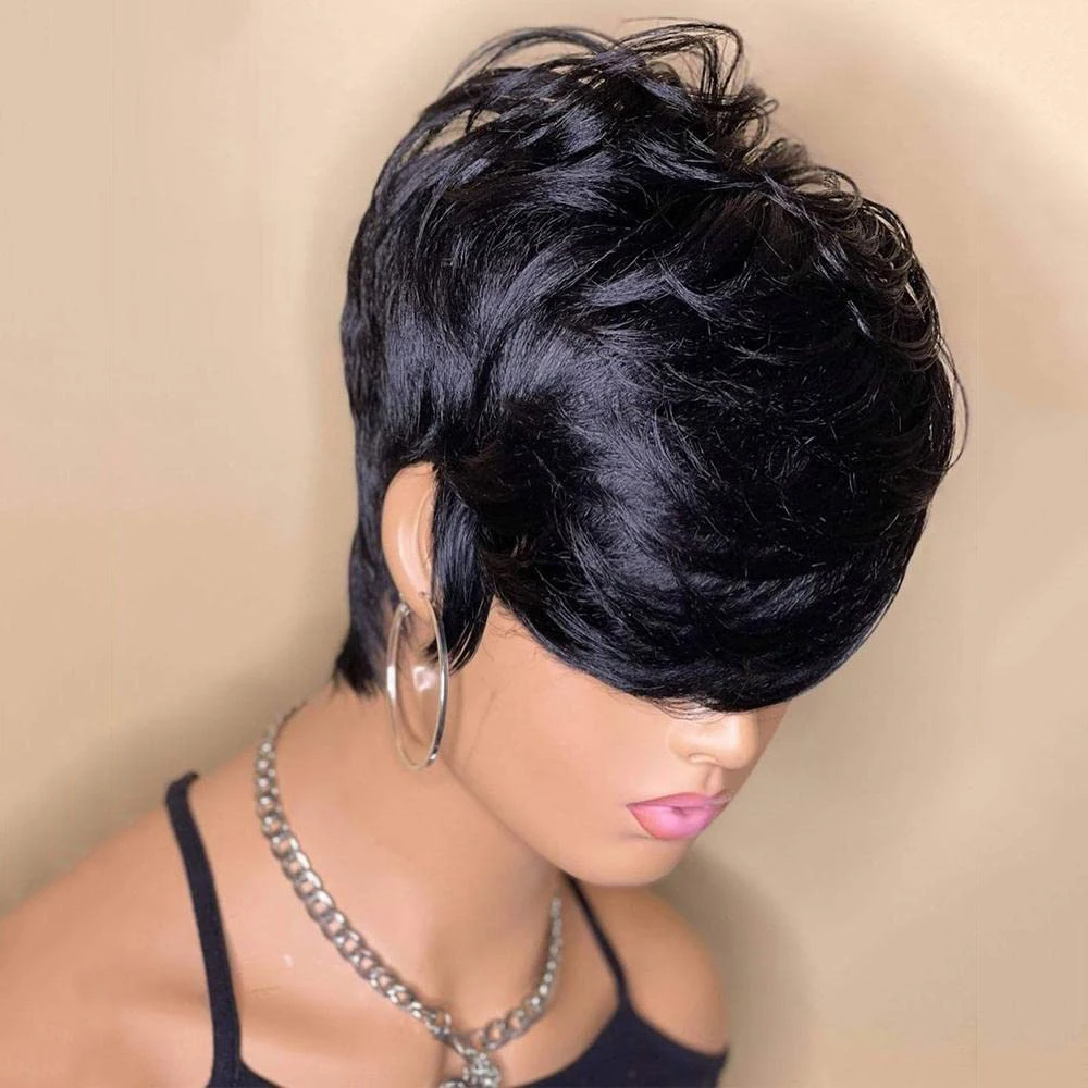 Short Pixie Cut Wig Remy Human Hair For Black Women Cute Wig Straight Natural black Color Full Machine Made Bob Wig With Bangs