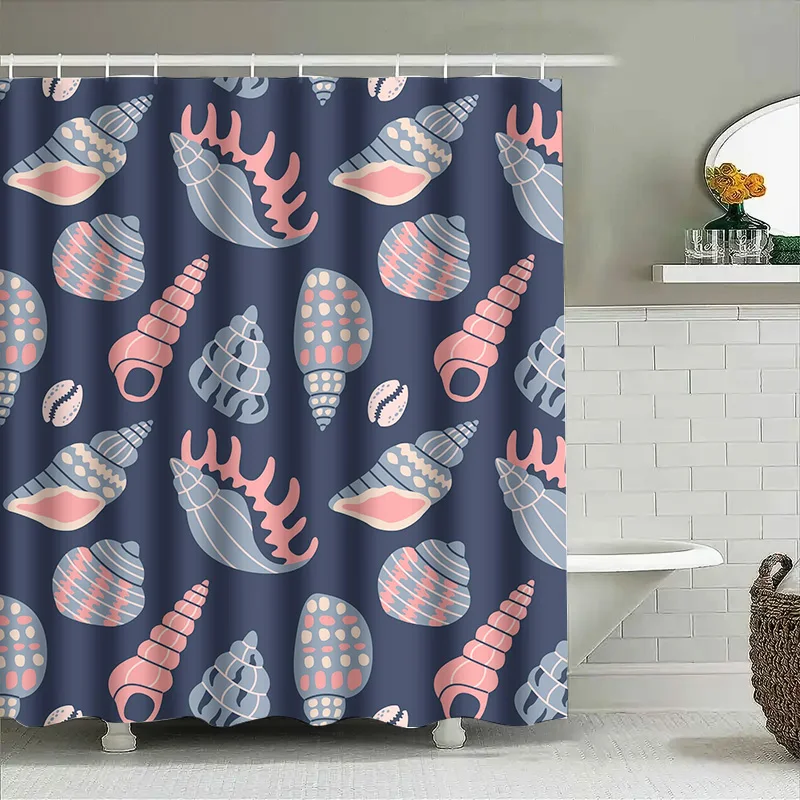

Nautical Seashell Print Shower Curtain Blue Pink Bath Decor for Home Decoration Easy Install Shower Rod Included (205cm x 183cm)