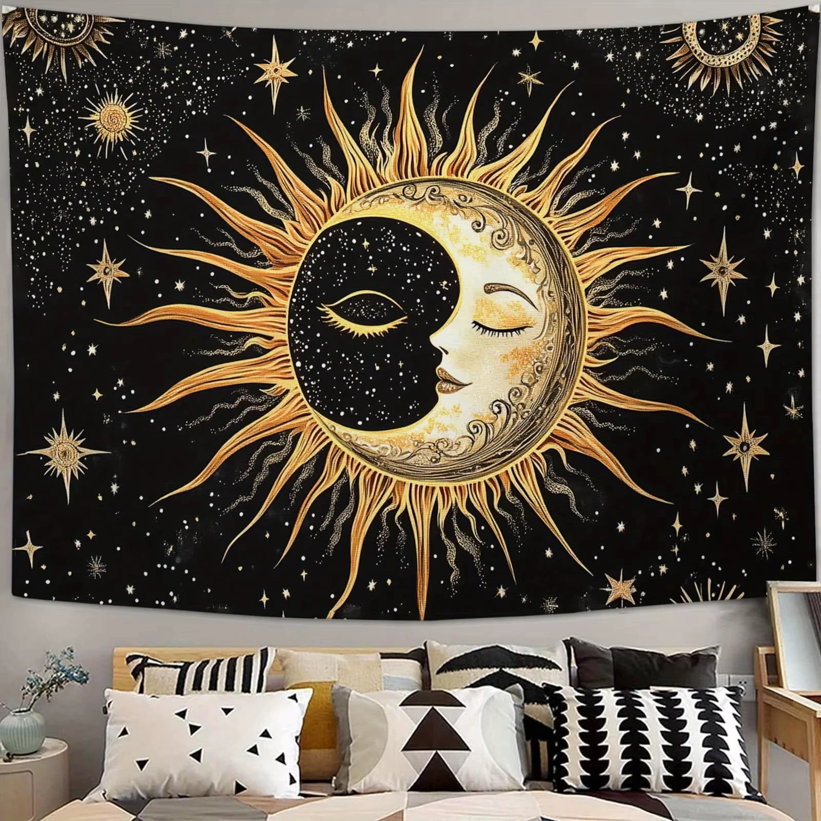 Wandteppich „Himmlische Sonne und Mond“. |   Flacher, bedruckter Wandbehang mit Stern- und Blumenmuster für Wohnzimmer, Schlafzimmer und Schlafsaal-Dekoration