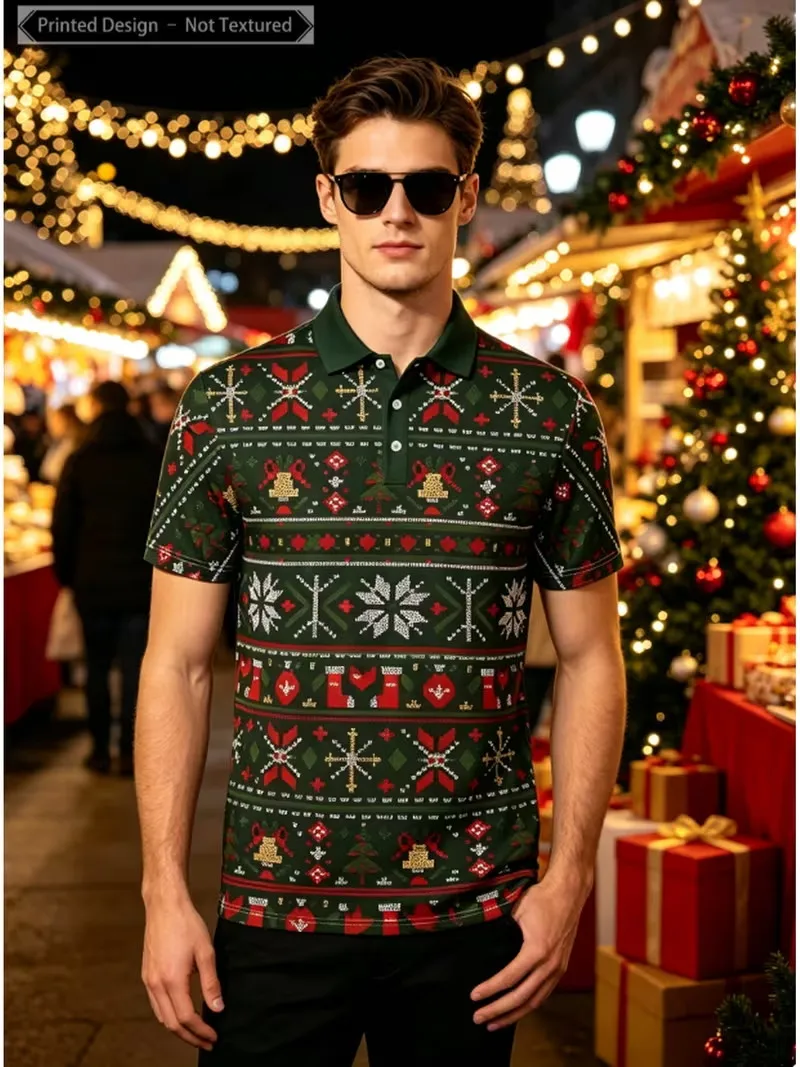 Xmas Men Polo Shirt Ugly Christmas Snowflake Bell Stocking Print Short Sleeve Polo Tee Holiday Party Casual Tops For Male