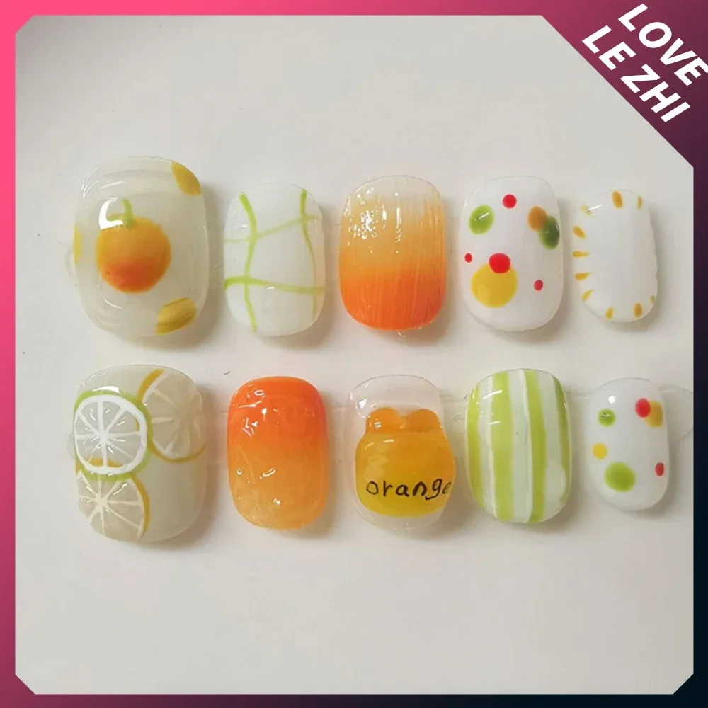 10Pcs Cute Short Square Round Handmade False Nails Cartoon Cat Dog Hand Painted Bowknot Pearl Bread Potato Reusable Fake Nails