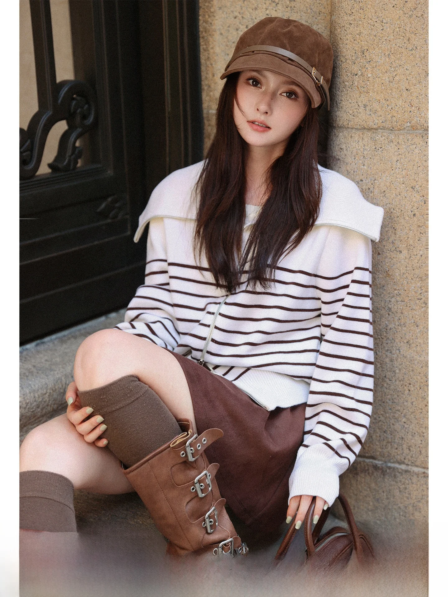 

Свободный вязаный кардиган для женщин с воротником-стойкой, в полоску, с цветными блоками, длинными рукавами, повседневный, осенне-зимний