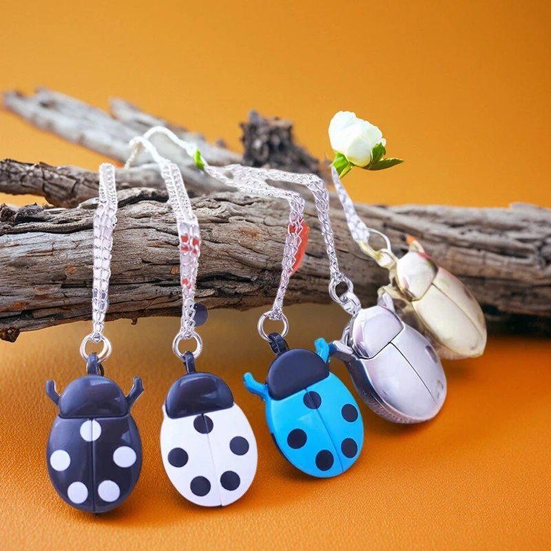 new children boys girls cartoon ladybug necklace pocket watches little kids students lovely cute flip electric clock 9 colors