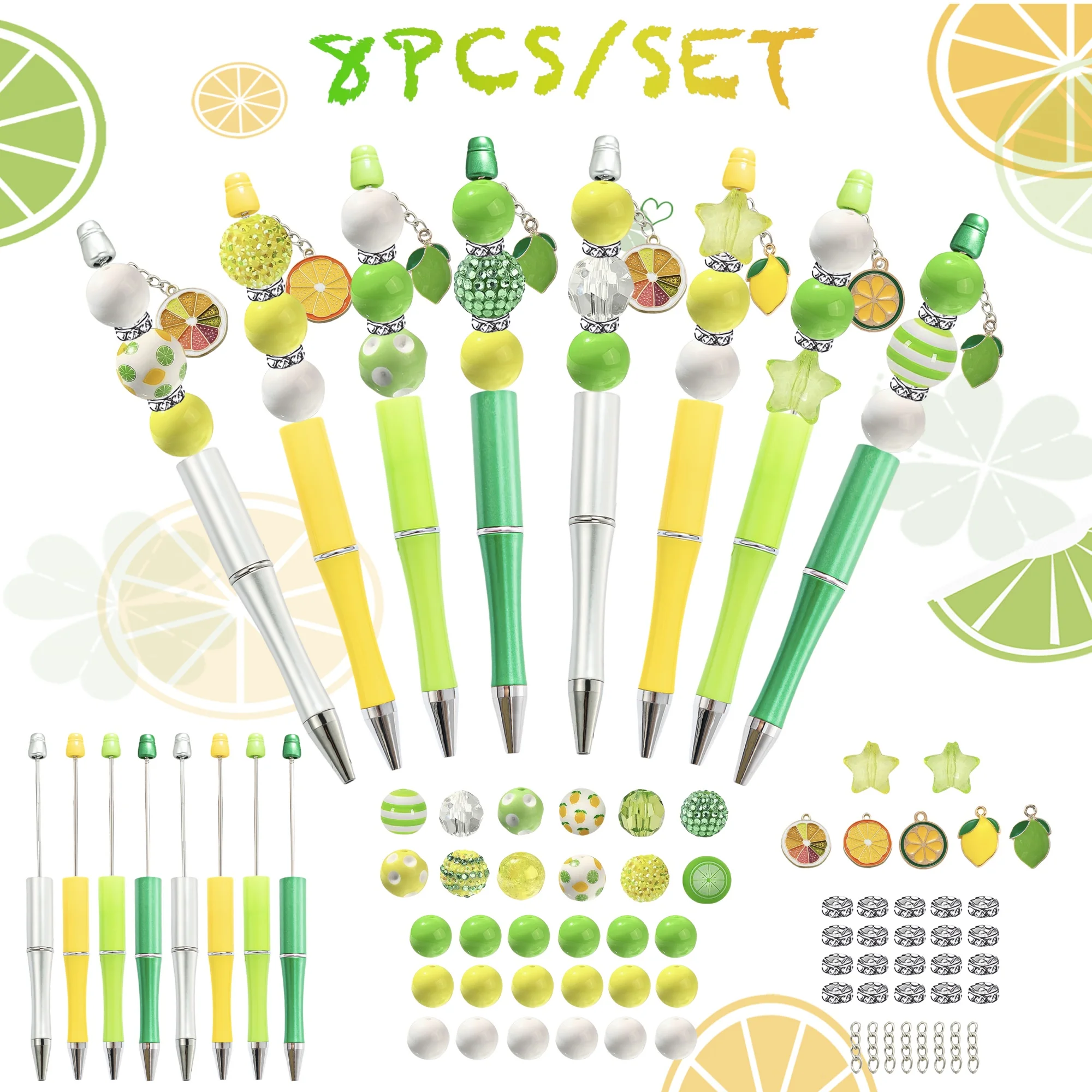 

8PCS yellow green lemon fruit themed DIY bead ballpoint pen and acrylic bead pendant set,creative office and study supplies