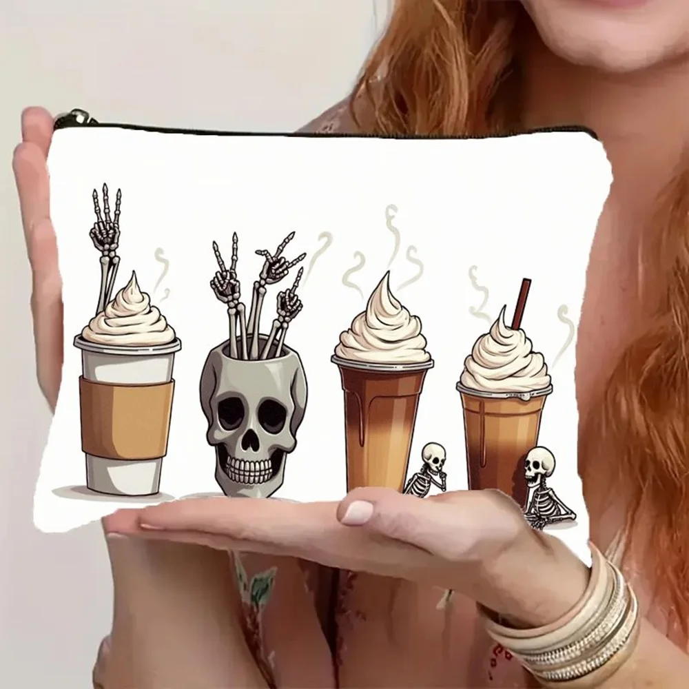 1 Piece of Quirky Skull Coffee Print Pattern Makeup Bag - Multifunctional Zipper Pouch for Women, Perfect Travel Zipper Storage Bag, Fun Birthday Gift