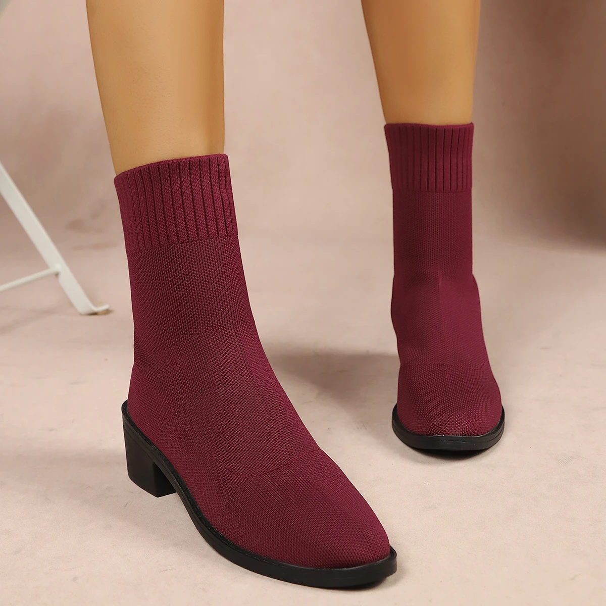 Sexy Pointed Toe Thick High Heel Sock Boots Women 2026 Winter Colorful Elastic Knitted Designer Ankle Boots Woman Short Booties