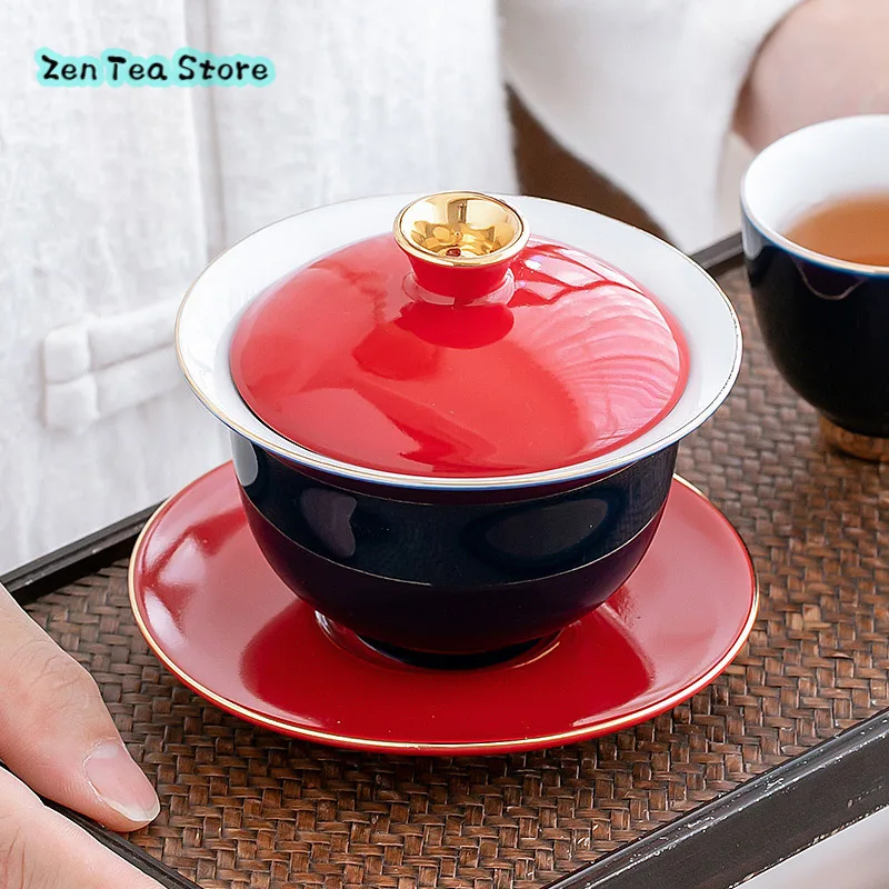 Three Cover Bowl Tea Cup Kung Fu Tea Set Home Ceramic Cup Tea Bowl Chinese Tea Bowl Tracing Gold Single