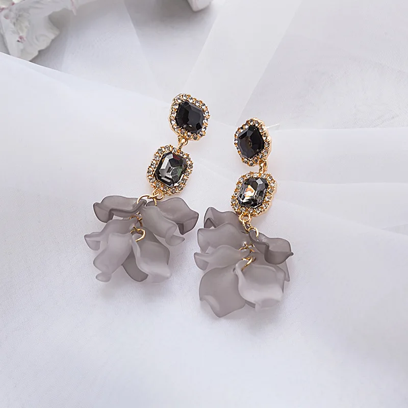 925 silver pin retro palace irregular acrylic crystal black rose petal earrings Mesh red bump color earrings