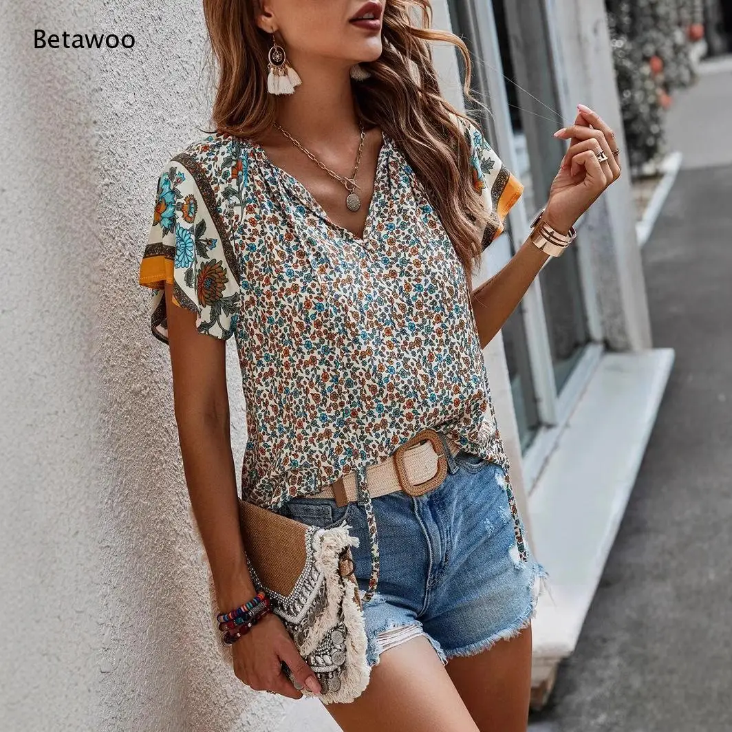 Boho Floral Printed V Neck Drawstring Short Sleeve Casual Summer Shirt with Multiple Print Patterns for Vacation Daily Wear