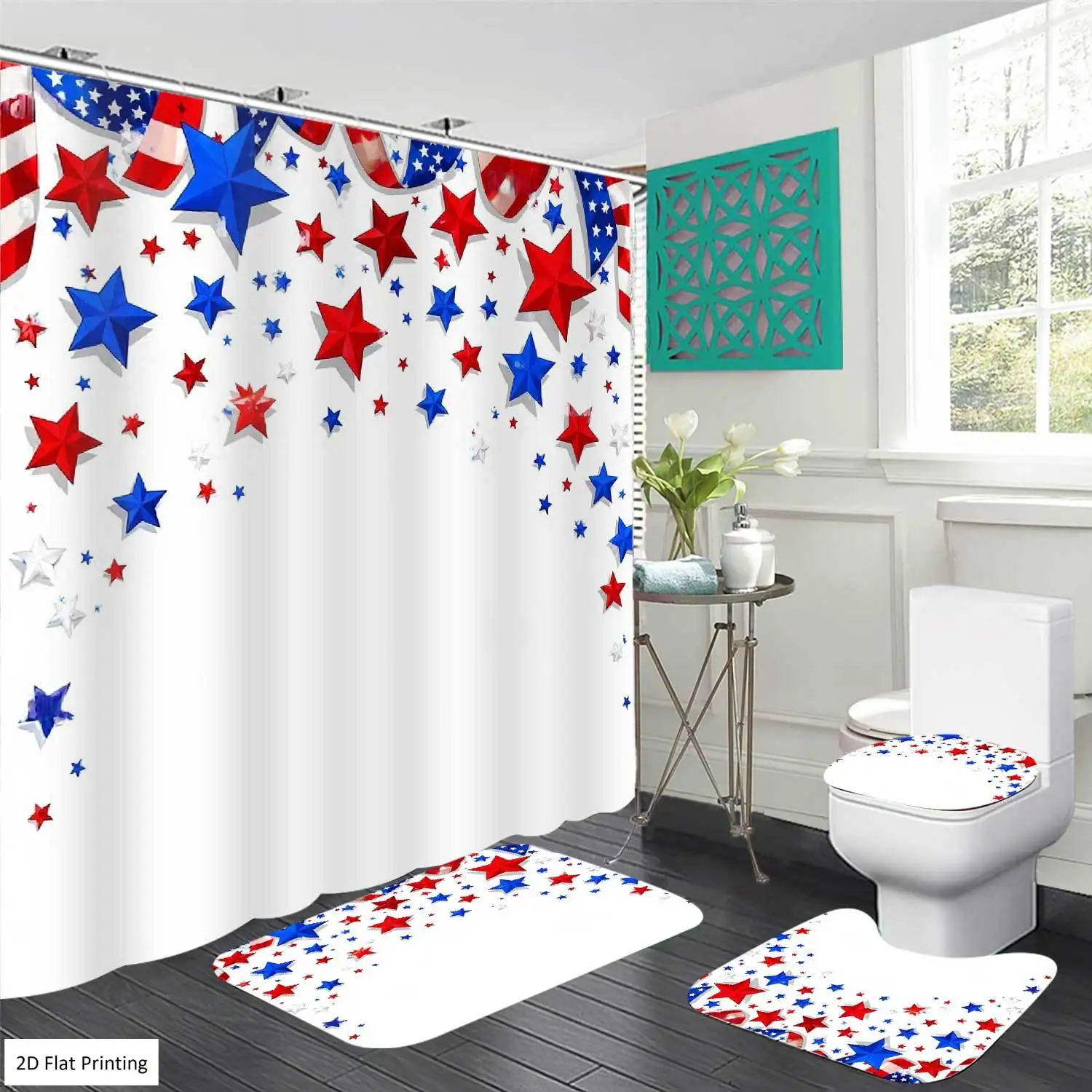 

2D Flat, 1/3/4pcs Red White Blue Independence Day Bathroom Decorations Suitable for Bath Curtain Set with Non-Slip Bath Mat, U-Shaped & Toilet Cover, -Themed Shower Curtain with Hooks, Machine Washable for, 2D Flat