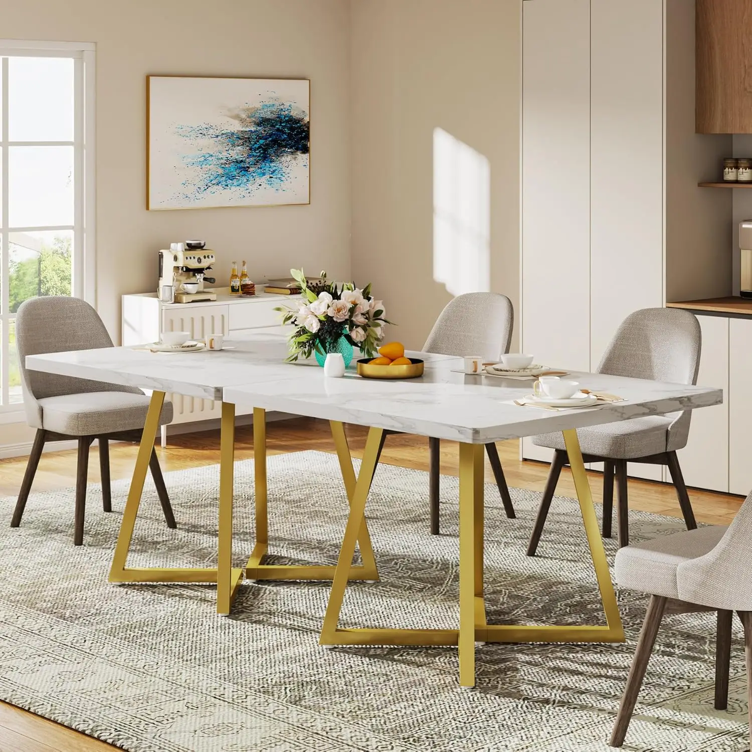 Modern 31.5' Square Dining Table for 2, White & Gold Metal Base, Small Space Kitchen or Apartment Use