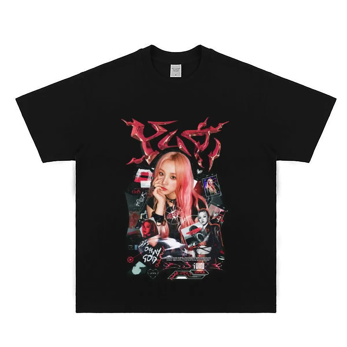 2026 Pink Haired Girl Portrait Grunge Collage Jagged Red Metallic Text Front Print Oversized T-shirt Y2K Trendy Short Sleeve Top