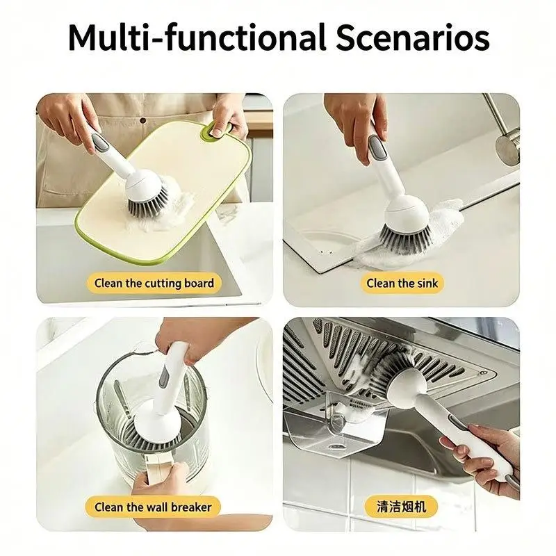 Dish Brush Electric Long Handle Soap Dispenser Rotating Bristles Kitchen Pot Sink Washing No Bend No Greasy Hands