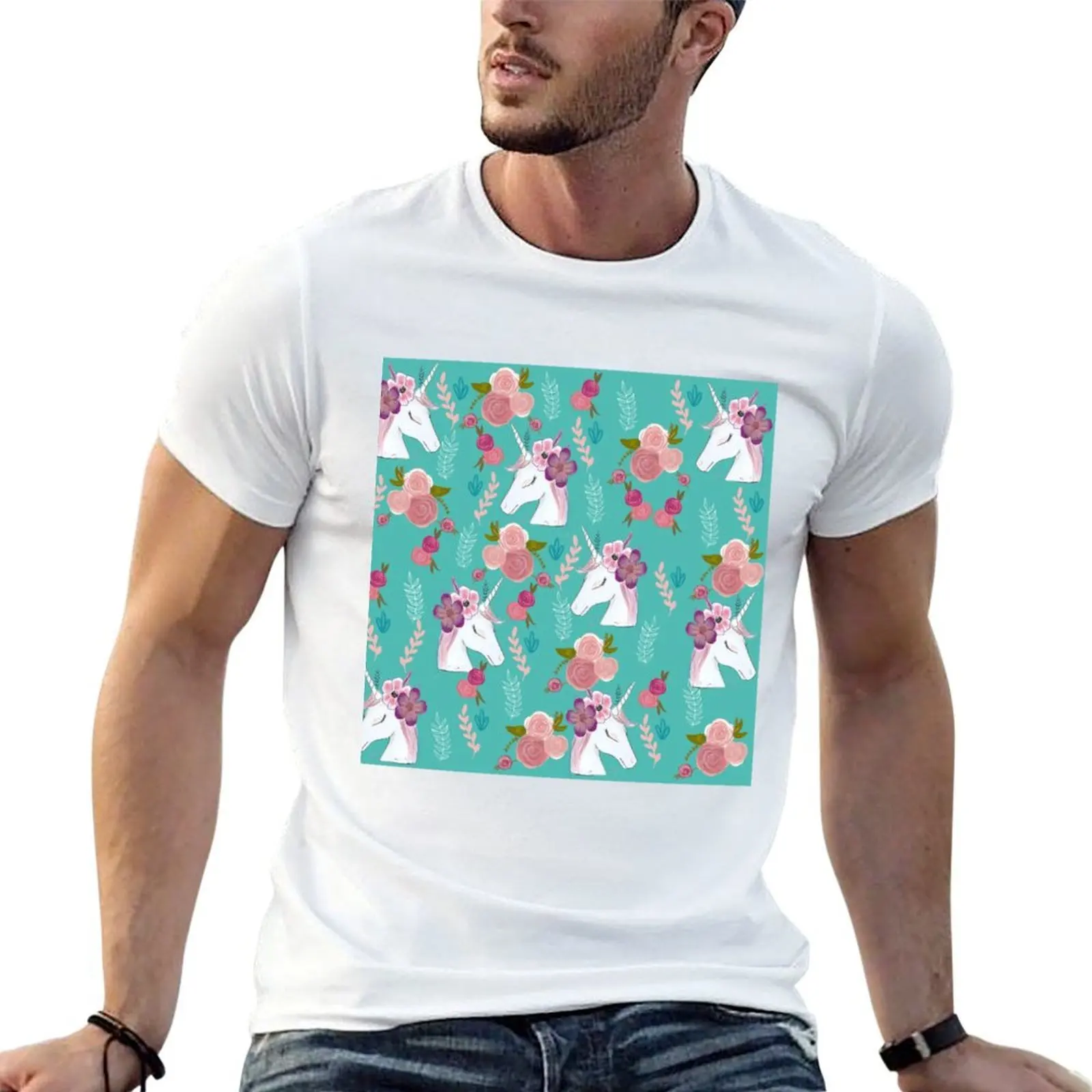 Turquoise unicorns T-Shirt Casual Basic Short Sleeve T-Shirt