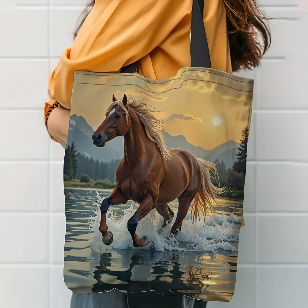 1pc Horse Galloping By Sunset Printed Handbag Large Capacity Durable Polyester Shoulder Bag for Travel Shopping Storage Pouch