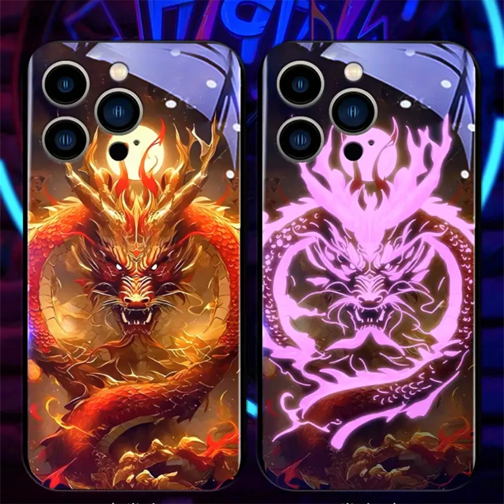 Cool Infinite Red Dragon Design Smart LED Light Glow Tempered Glass Phone Case For Samsung S26 S25 S24 S23 S22 S21 Plus Ultra