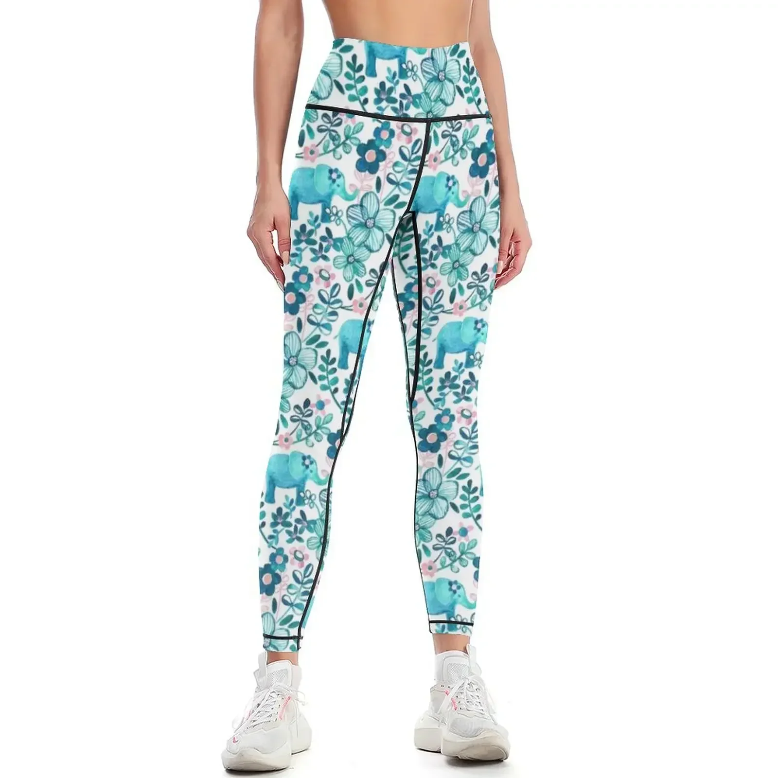 

Dusty Pink, White and Teal Elephant and Floral Watercolor Pattern Leggings Women's pants Female legging pants Womens Leggings