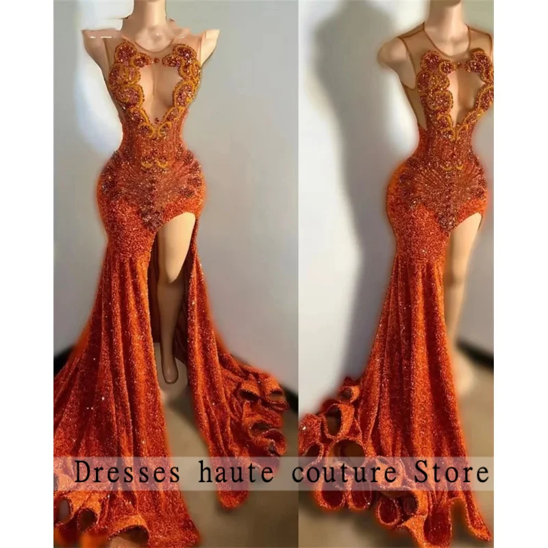 Orange Sheer O Neck Long Prom Dress For Black Girls Diamond Crystal Birthday Party Dresses Sequined Evening Gowns
