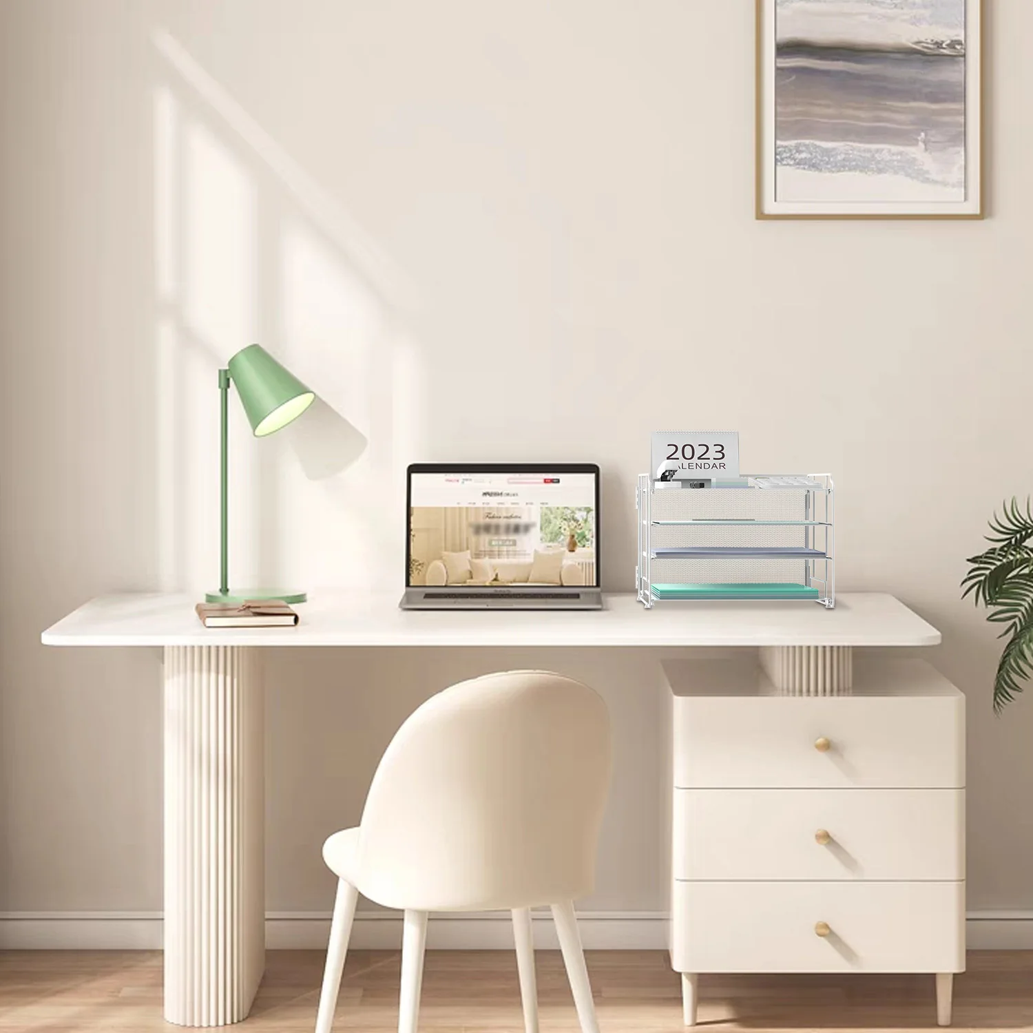 4 Tier Desktop Organiser with Drawer for Writing Paper Tray, Pen Holder with Mesh Metal Desktop Organiser for Home Office Use