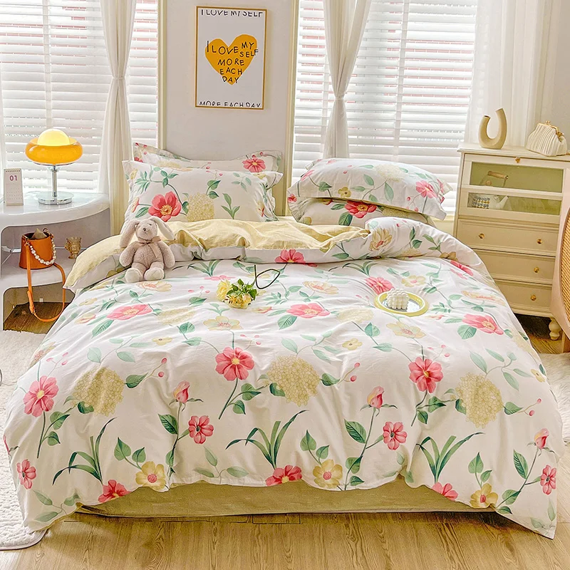 Vintage Chic Style Flower Leaf Pattern Duvet Cover Set for Girls Boys Cotton Soft Bedding Zipper Duvet Cover with Pillowcases