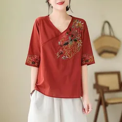 Chinese Style V-Neck Top Loose Short Sleeve Vintage Solid Color Embroidery Shirt Minimalist Flowy Summer Casual Tees Pullovers