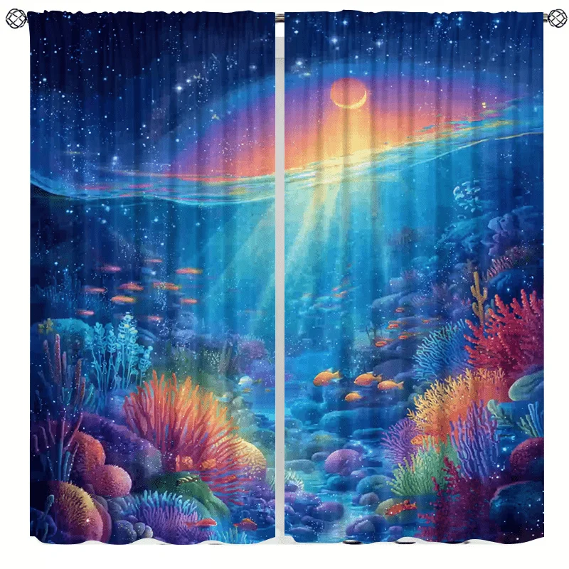 Vibrant Ocean Wave Galaxy Curtains Nautical Tropical Deep Sea Life Window Drapes Coastal Aquarium Panels Blue Coral Bathroom