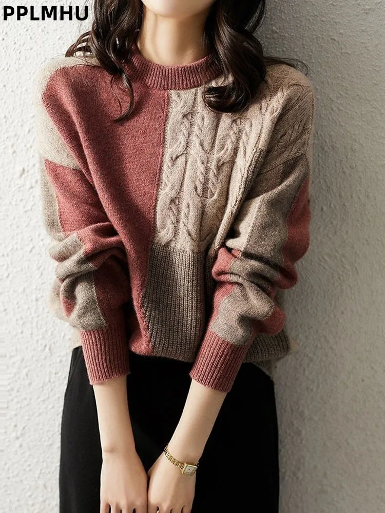 

Contrasting Color Long Sleeved O-neck Knitted Sweater Women's Casual Patchwork Fashion Jumpers Korean Soft Knitwear Pullovers