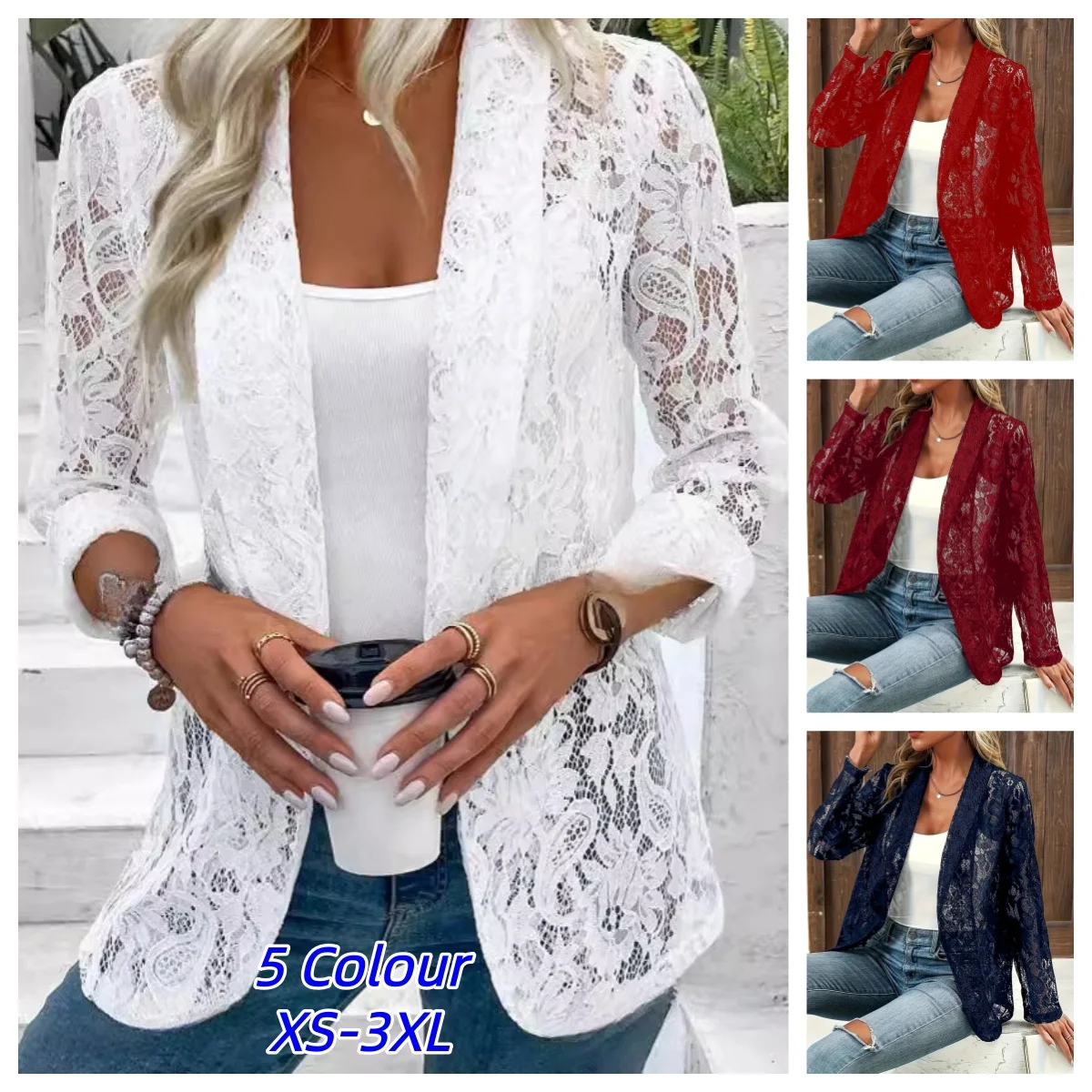 Elegant Summer White Lace Hollow Out Women's Coat Solid Open Stitch Blazers Outdoor Business Jackets Classic Office Ladies Coats