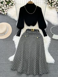 Women Elegant Style Two-piece Winter Lantern Long Sleeve Stand Collar Slim Knit Top High Waist Plaid Skirt Two-piece Set Women