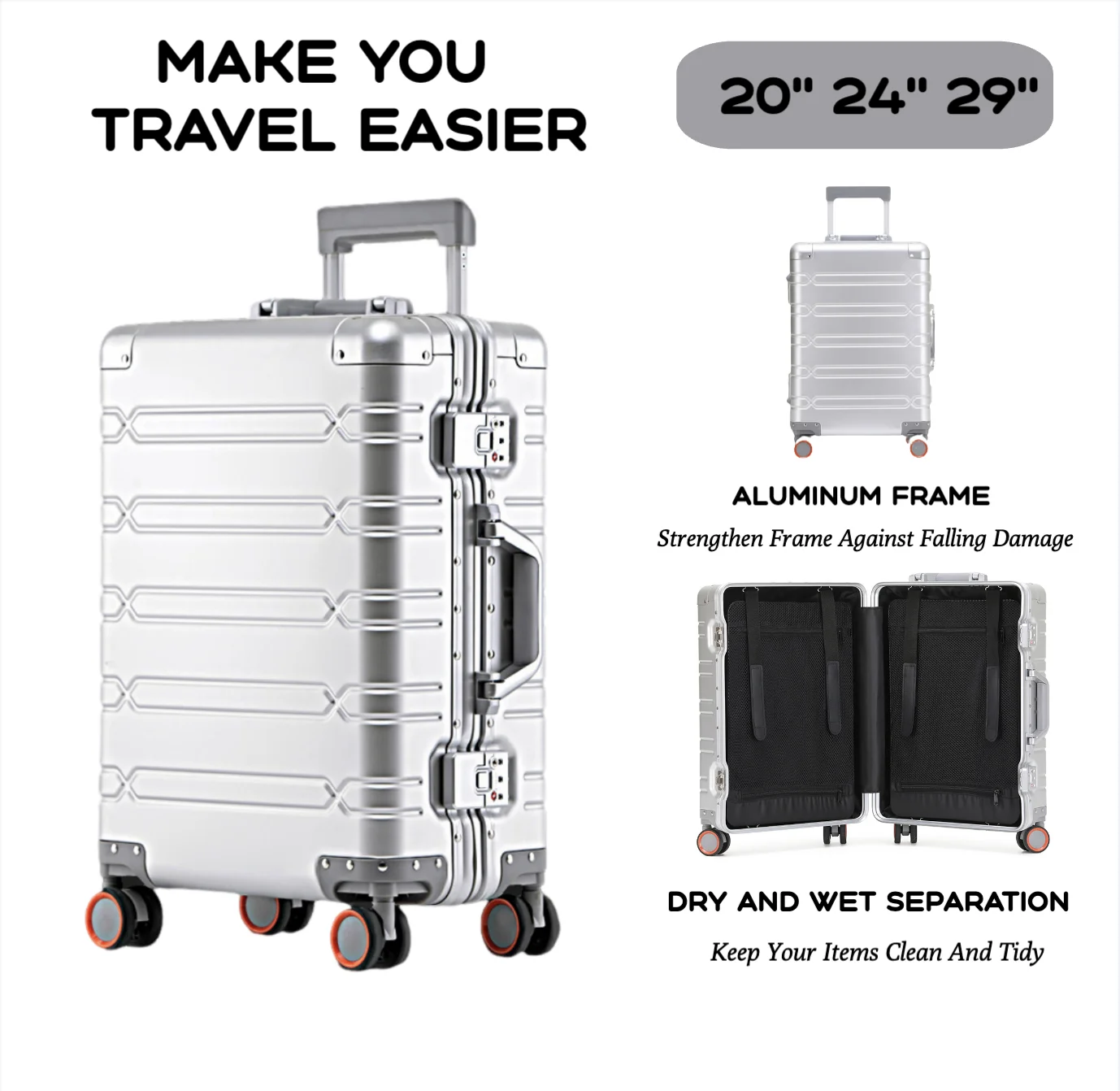 Ensemble de bagages durables de grande capacité pour femmes et filles, valise en aluminium, bagage à main, voyage d'embarquement, nouveau, 2024, 20, 24/29