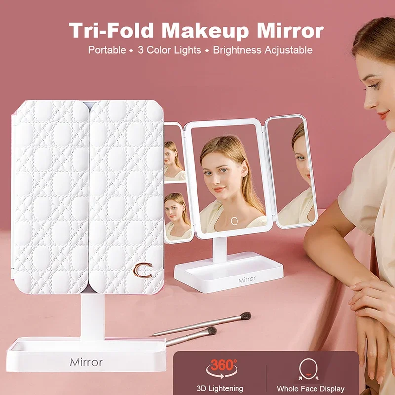 Dreifach faltbarer Make-up-Spiegel mit LED-Licht, drehbarer, niedlicher, kompakter Schreibtisch-Kosmetikspiegel, 3-Ton-Lichter mit 2-facher/3-facher Vergrößerung für Reisen