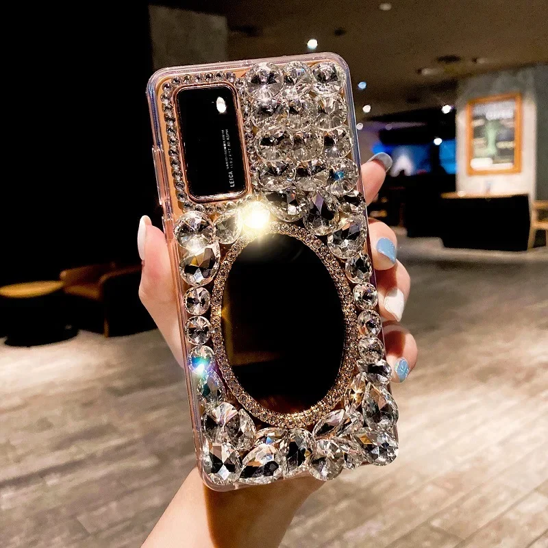 Glass Rhinestone Mirror Cases for Samsung Galaxy S26 S24 Plus, S25, S22, 23 Ultra, Note20, Bling, Crystal Clear Stone
